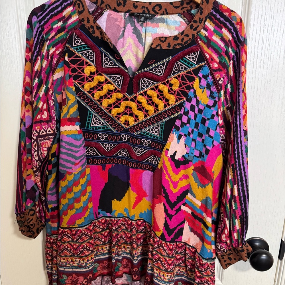 John Mark Multicolor Embroidered Mixed-Print Tunic Top